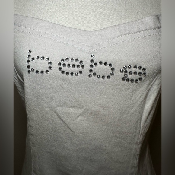 NWT bebe White Rhinestone Logo Bodycon Mini Dress Y2K Glam Stretch club sexy M - Picture 7 of 11